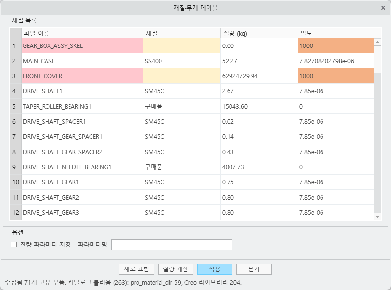 WAFA Utility 재질·무게 테이블 화면: 재질 누락과 밀도 이상을 색으로 강조